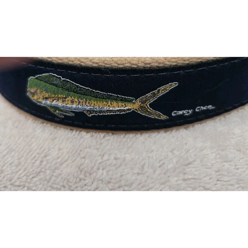 CAREY CHEN OCEAN RIDER Belt Mahi Mahi Sz 44 Leather Ends Canvas Brass Buckle GC